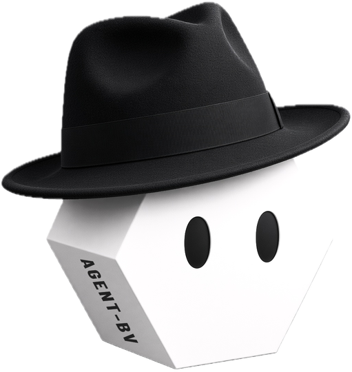 The Agent-BV mascot: a white hexagon bot in a black fedora